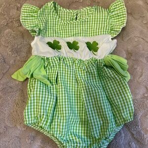 Green Gingham Baby Romper with Clover Design St patrick's outfit